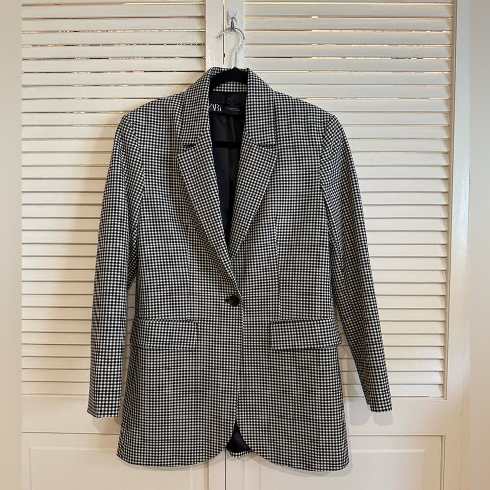 Zara Blazer Black and White Gingham Straight Cut Blazer - Picture 6 of 10